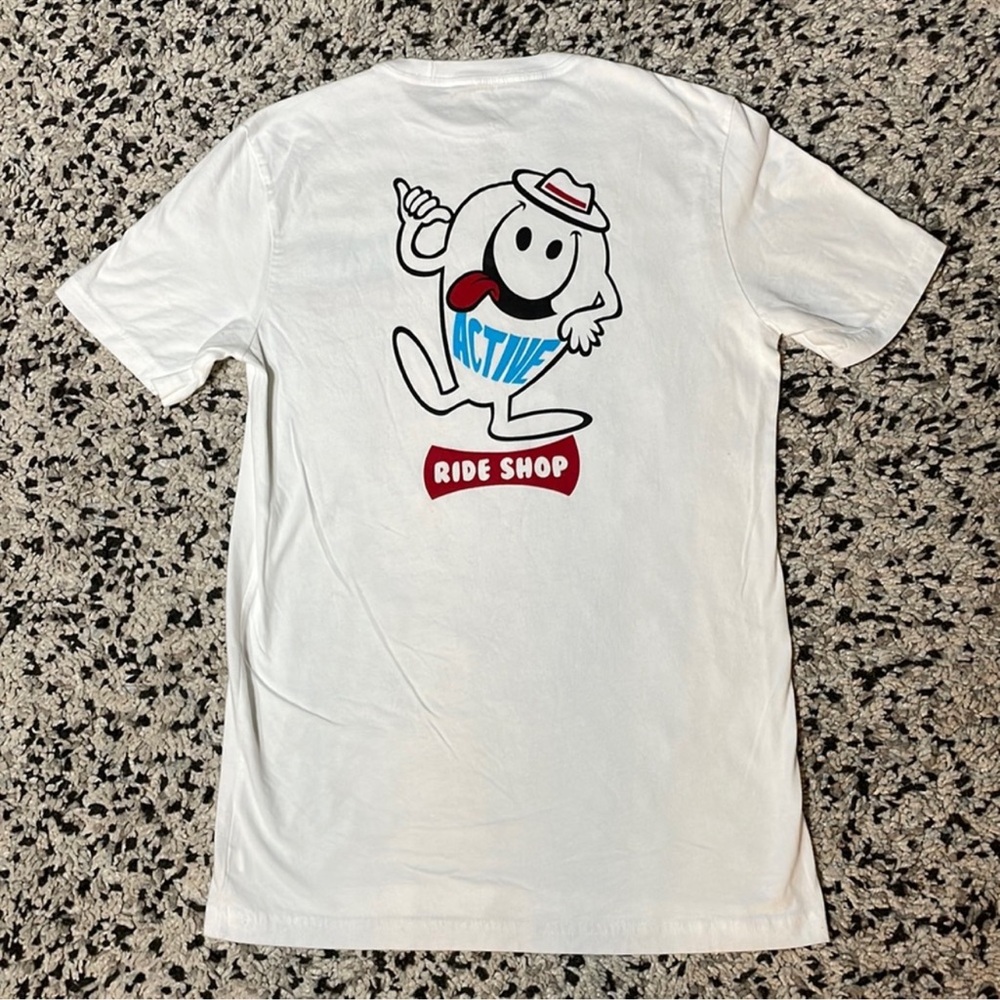 Active Ride Shop Tee Shirt White Short Sleeve Back Graphic Men's Size Small